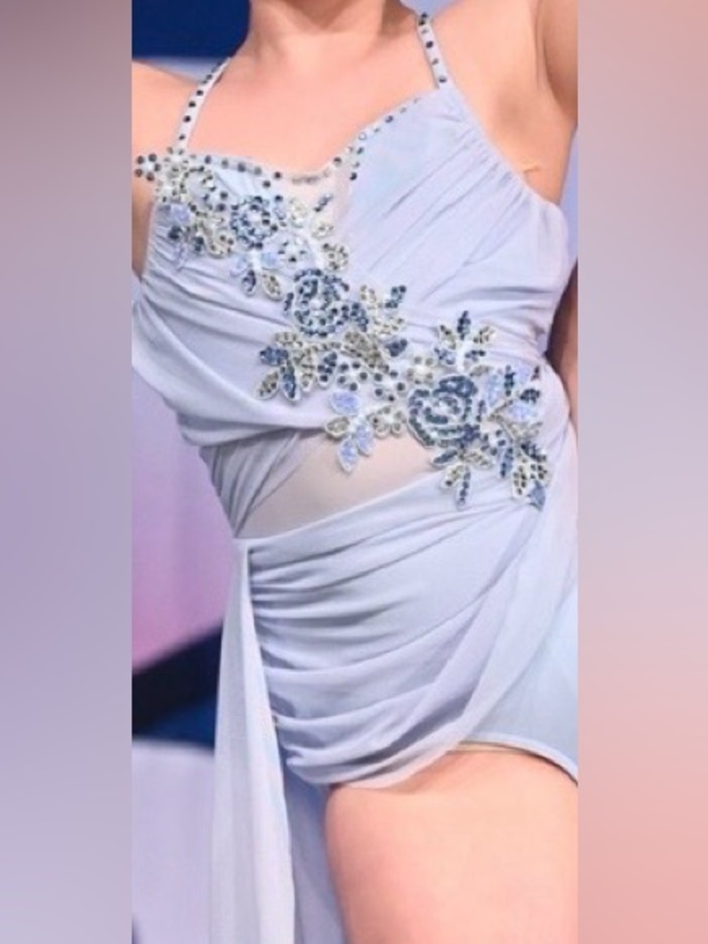 Girls Light Blue Dance Lyrical Costume with Rhinestone Floral Appliqué size CL